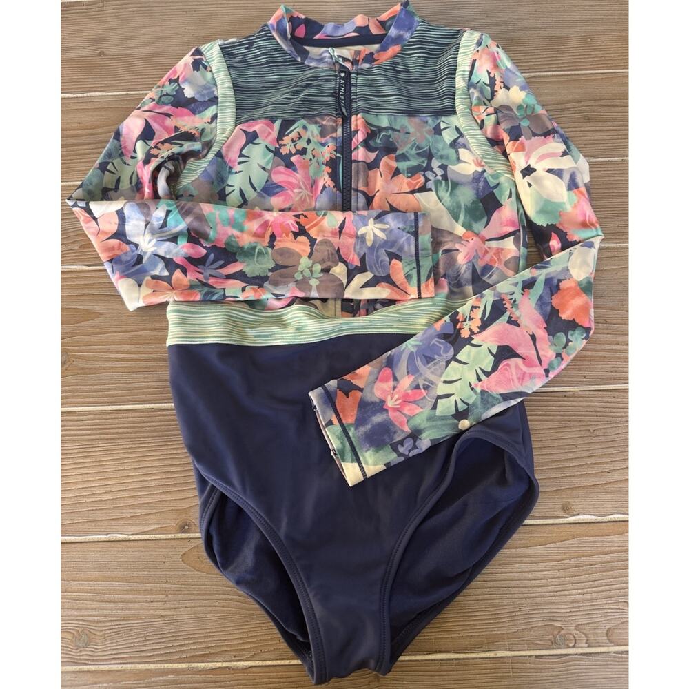 Athleta Girl Long Sleeve One Piece Swimsuit Rashguard Floral Blue Size Large 12
